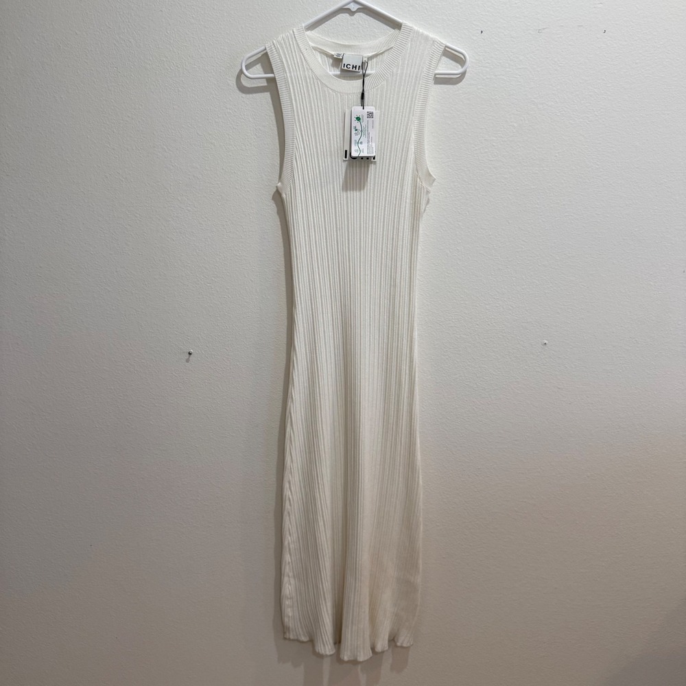 ICHI IHDEMY DR Ribbed Knit Sleeveless Midi Dress Cloud Dancer White Small NEW